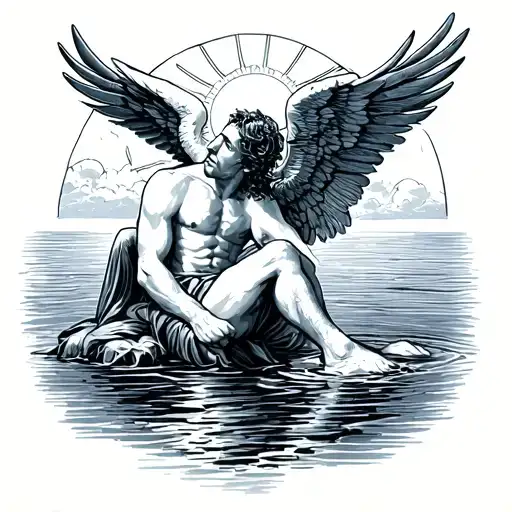 Icarus Sitting Down Looking At The Sun With His Foot In The Water