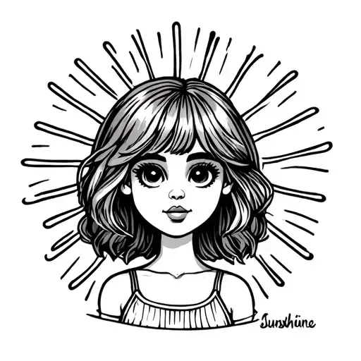 Little Miss Sunshine Cartoon Fine Line Tattoo Design