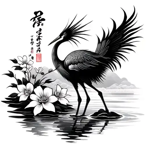Japanese Traditional Style Crane With Water And Flowers For Sleeve