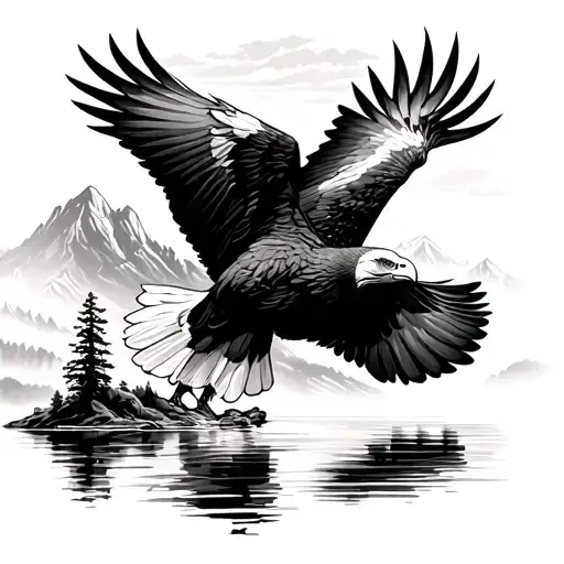 Eagle Flying Over Lake Scene
