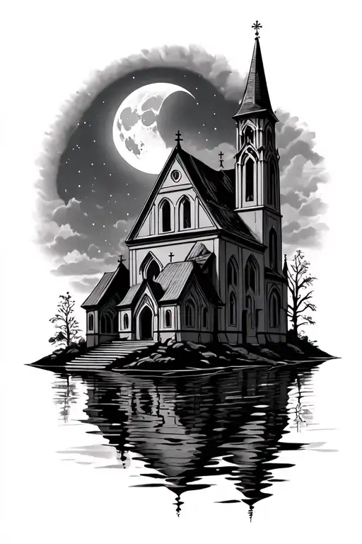 Gothic Church With Lake Below And Reflection With Moon