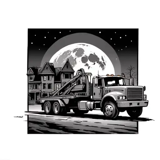 Tow Truck Towing A Car With A Full Moon In The Background With Old Town Houses In The Background