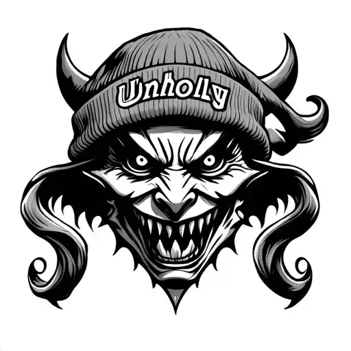 Demon Face With Black Eyes And Sharp Teeth And Beanie That Says Unholy