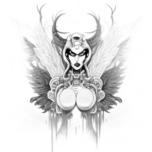 A Black And Grey Tattoo Of A Demon Robot Hooker With Wings Engulfed In Flames