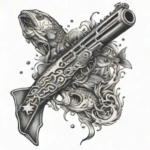 Combine A Detailed Rifle With A School Of Fish Swimming Around It