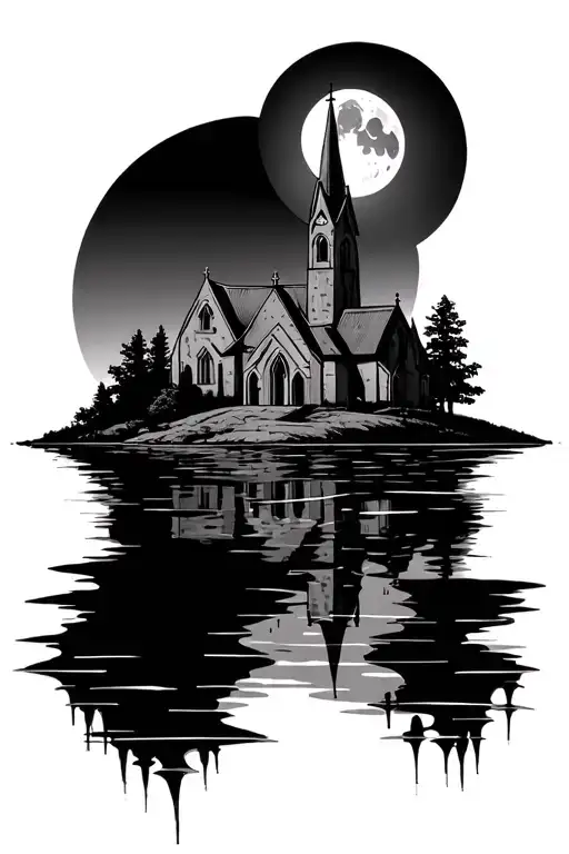 Gothic Church With Lake Below And Reflection With Moon