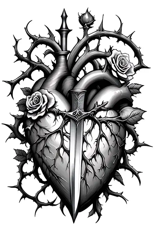 Heart With Rose Vines And Thorns Around The Top Part Of It And Dagger Going Through The Middle