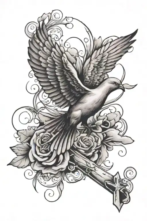 Mateo In Cursive With Dove Clouds And Cross With Roman Numerals