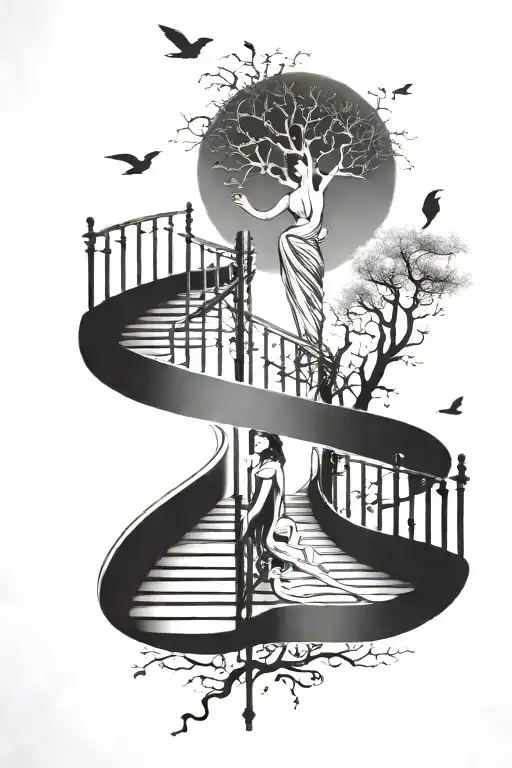 Staircase With Fork And Tree And Lady And Mouth And Bird And Flute