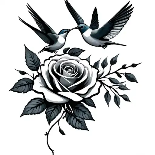 2 Humming Birds Flying With A Rose