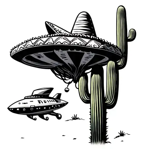 Desert With A Cactus Alien Spaceship Flying The Alien Is Wearing A Mariachi Hat