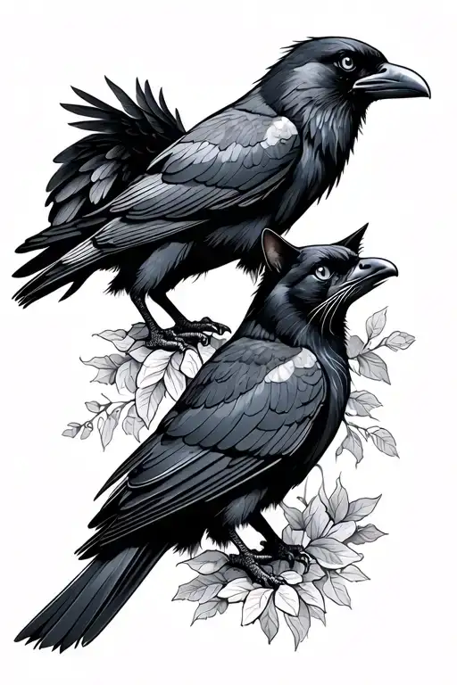 Two Ravens And A Cat