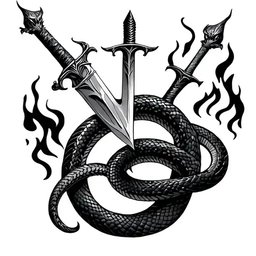 Snake Coiled Around A Burning Dagger On The Forearm