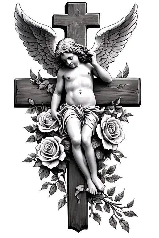 Cherub Angel Roses And Crucifix Wooden Cross