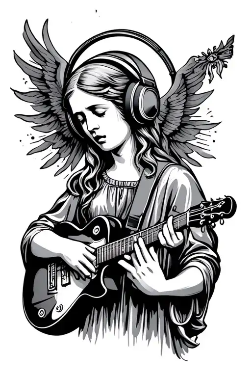 Our Lady Of Sorrows Crying Headphones And Playing Guitar