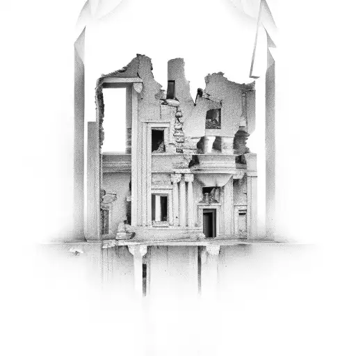 A Broken Doric Style Building With Lighting And Sad