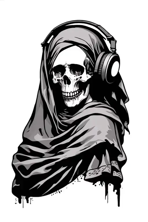 Our Lady Of Sorrows Crying With Half Face Skull Wearing Headphones