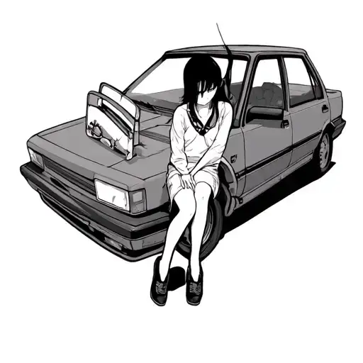 Girl Sits On Car Trunk With Head Turned In Japanese Style