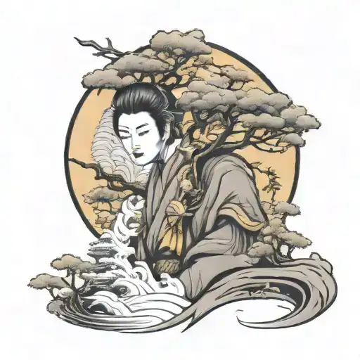 Bansai Tree With Geisha Samurai