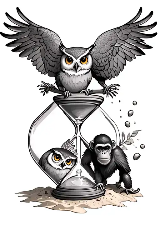 Owls And A Monkey And A Slightly Broken Hourglass Dropping Sand All In One Tattoo For The Front