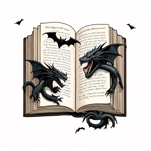 Open Book With Pages Scattered Throughout With Dragons And Bats
