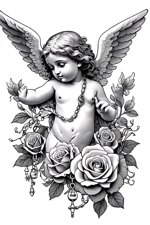 Cherub Angel Roses And Rosary Beads Intertwined