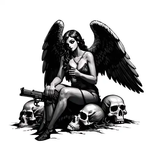 Chirp Angel Holding A Gun Sitting On Skulls