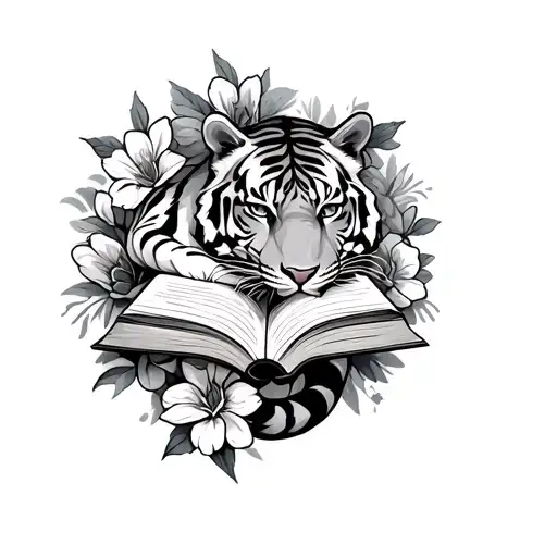 An Elegant Black And Grey Design Of A Tiger Curled Up With A Book And Flowers Intertwined