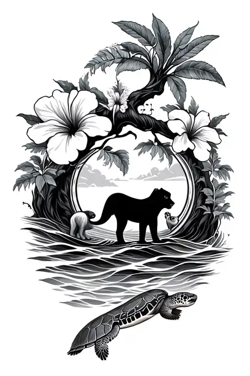 Hibiscus Flowers Ocean Waves Lion And Silhouette Cubs Tree Of Life Sea Turtles