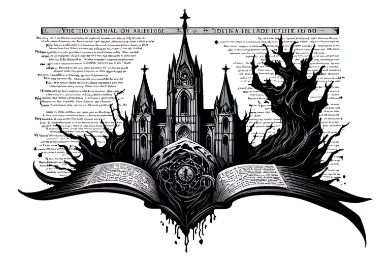 Cyber Tribal Tattoo Newspaper Text And Cathedral Surrounded By Dark Figures Trippy