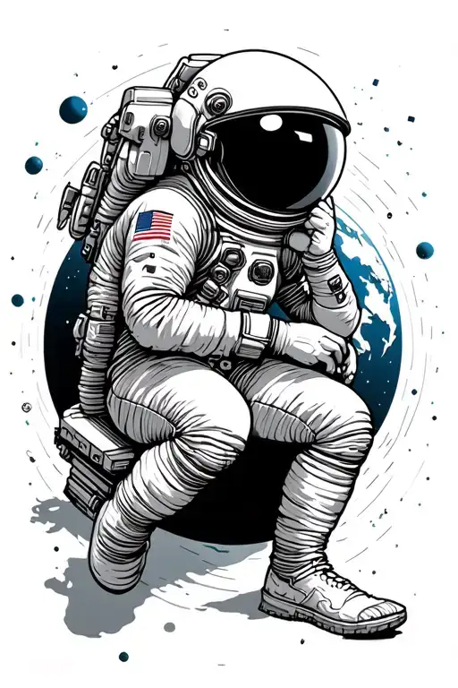 Astronaut The Thinker Pose Sitting On The World