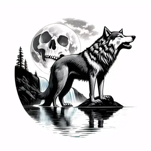 I Want A Wolf Standing On A Waterfall Howling At A Skull Moon W The Skulls Reflection In The Water