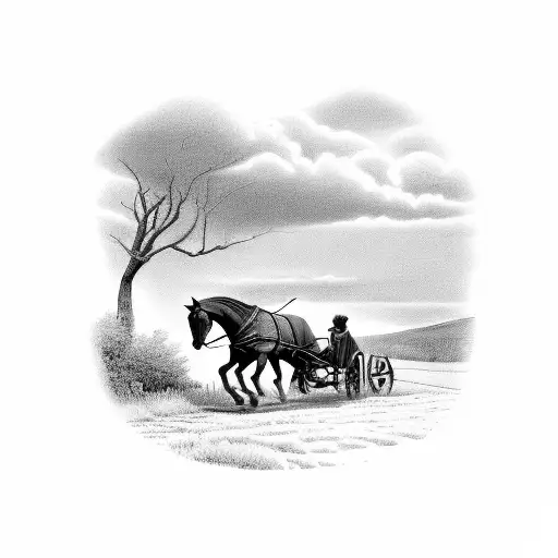 A Homesteading Scene With A Horse Pulling A Plow In A Black-grey Style