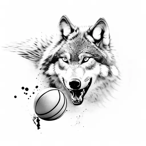 A Fierce Black And Grey Wolf Running With A Basketball In Its Mouth