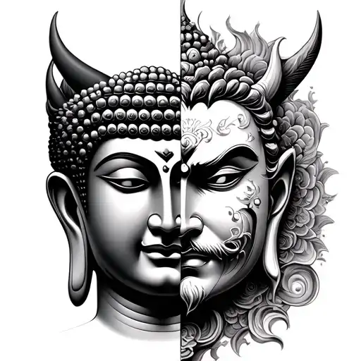 Half Buddha Face And Half Demon Face
