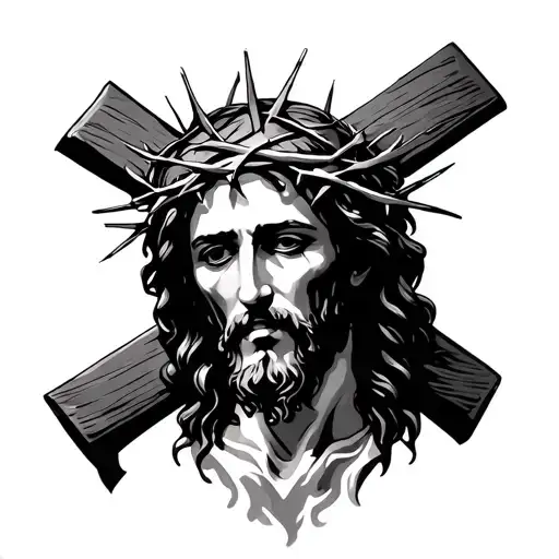 Jesus With Crown Of Thorns In Cross Intertwined