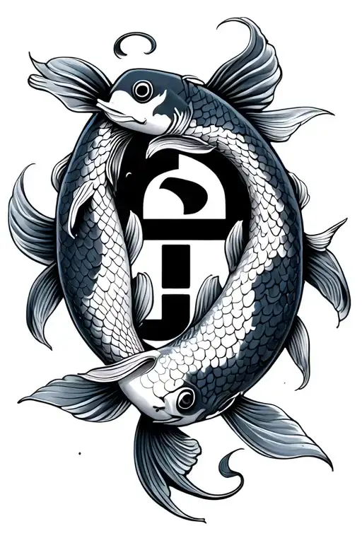 Two Koi Fish Swimming With Kaizen Symbol Intertwined