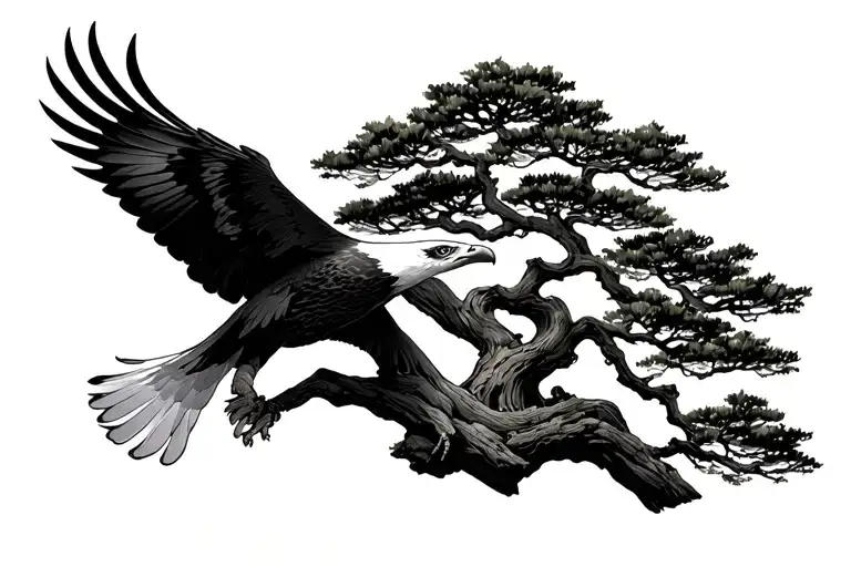 Bonsai Tree And Flying Eagle Soaring