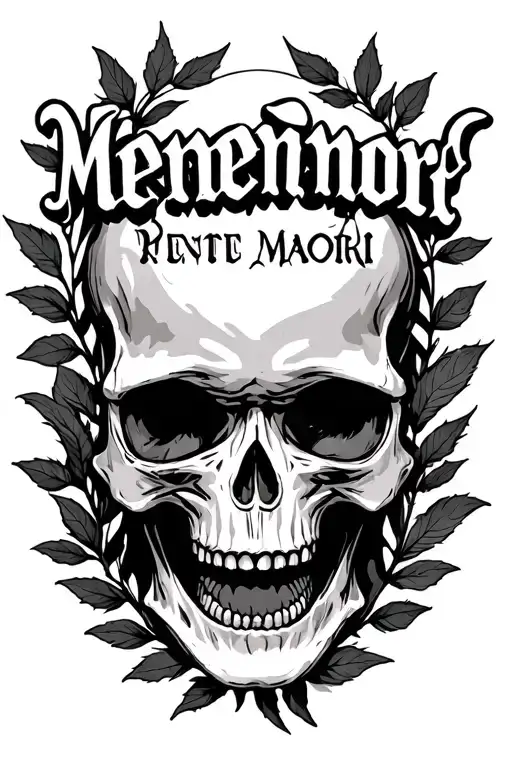 Skull Mouth Open Memento Mori Text With Leaves Around It