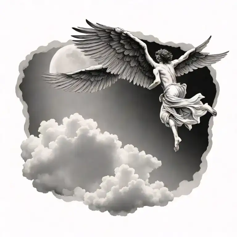Icarus Falling From Sky On The Back With Clouds Floating
