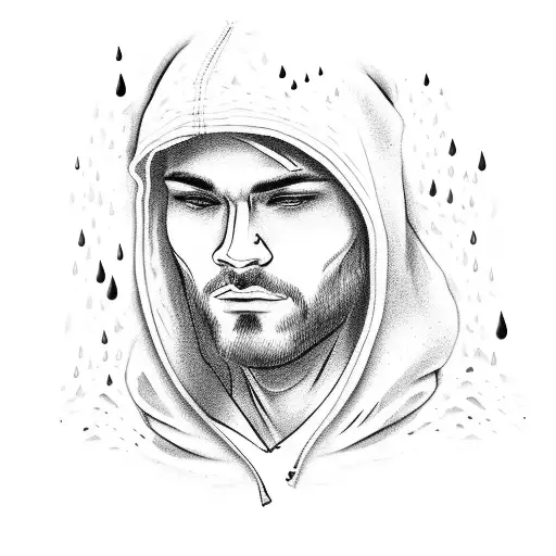 Man Walking In Rain With Hood Up