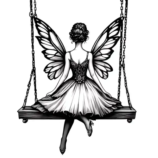 Fairy With A Dress From The Back With Wings On A Swing
