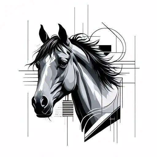 A Minimalist Tattoo Of A Horse With A Few Geometric Patterns Around With A Very Aesthetic Vibe