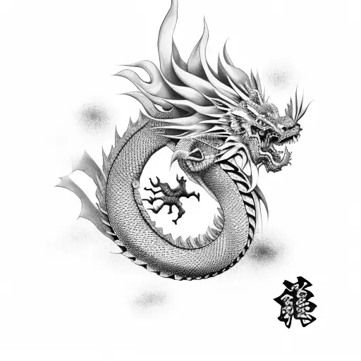 Japanese Dragon Surrounded By Anime Elements In A Black-grey Style