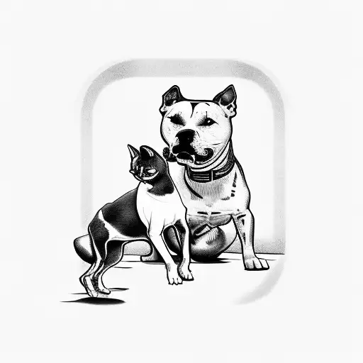 A Tattoo Of A Pitbull And An Akita Dog And 2 Cats Playing Sports