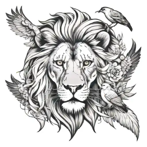 Lion Head With Flowing Mane And Birds