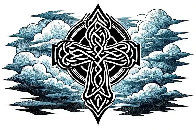 Black Celtic Cross Fading Into Sky Blue Clouds Above