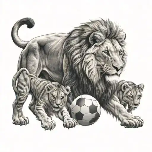 A Father Lion Playing Soccer With His Cubs
