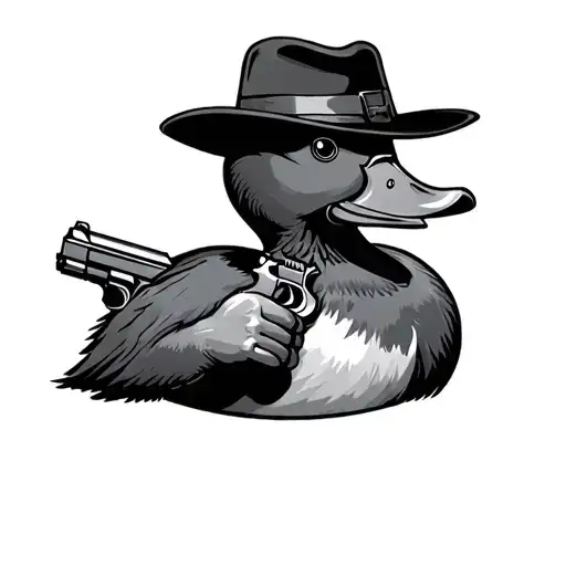 Simple Fineline Duck Wearing A Fedora Holding A Gun