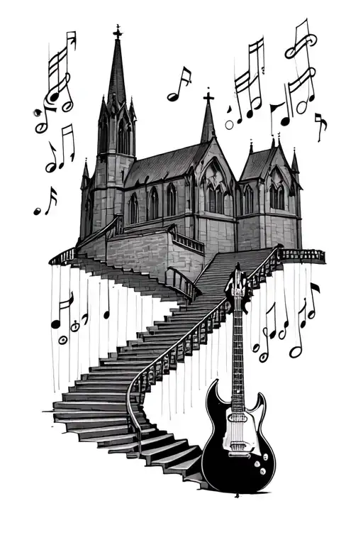 Cathedral At The Top With Stairs Leading Down And The Stairs Turning To Guitar Strings With Notes